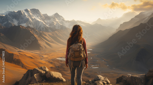 there is a woman standing on a mountain looking at the valley Generative AI