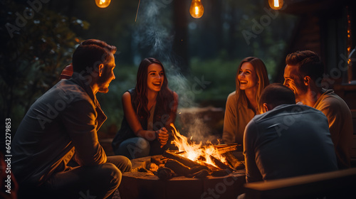 people sitting around a fire pit with a man and woman laughing Generative AI