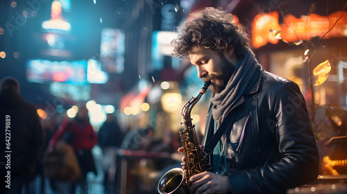 arafed man in a leather jacket playing a saxophone on a city street Generative AI