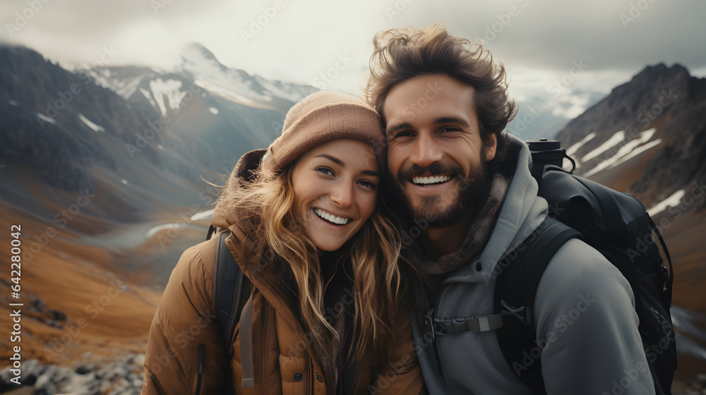 smiling couple in the mountains with backpacks on Generative AI