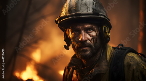 there is a fireman with a helmet on standing in front of a fire Generative AI