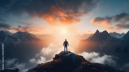 arafed man standing on top of a mountain with a sunset in the background Generative AI