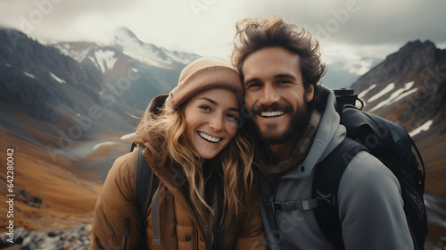 smiling couple in the mountains with backpacks on Generative AI © Bipul Kumar