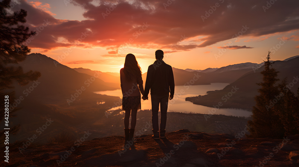 there are two people standing on a mountain looking at the sunset Generative AI