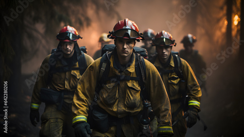 firefighters in yellow and red uniforms walking through a forest Generative AI