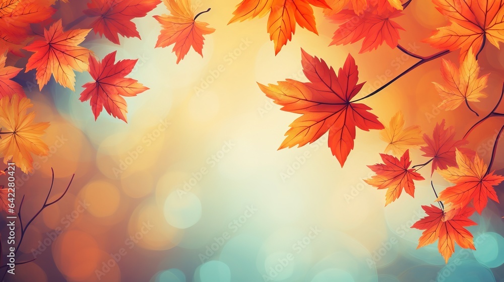 A vibrant autumn scene with colorful leaves on the ground and in the background A vibrant autumn scene with colorful leaves on the ground and in the background