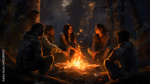 there are four people sitting around a campfire in the woods Generative AI