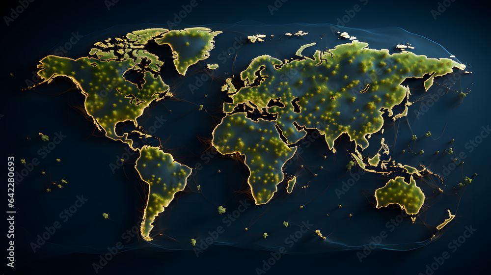 arafed map of the world with dots of green on a dark background Generative AI