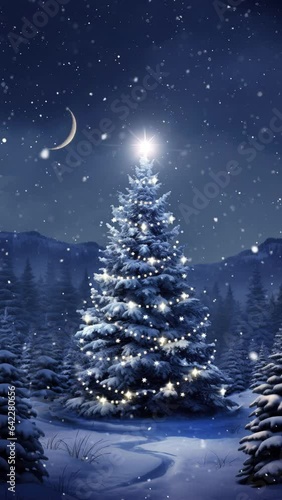 A blue toned animated christmas tree scene featuring falling snow, swirling stars, and a crescent moon.