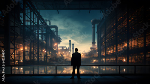 there is a man standing in a dark room looking at a city Generative AI