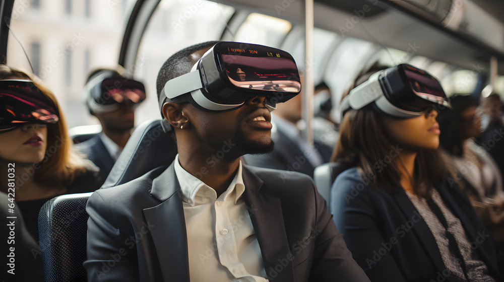 people wearing virtual reality headsets on a bus Generative AI people wearing virtual reality headsets on a bus Generative AI