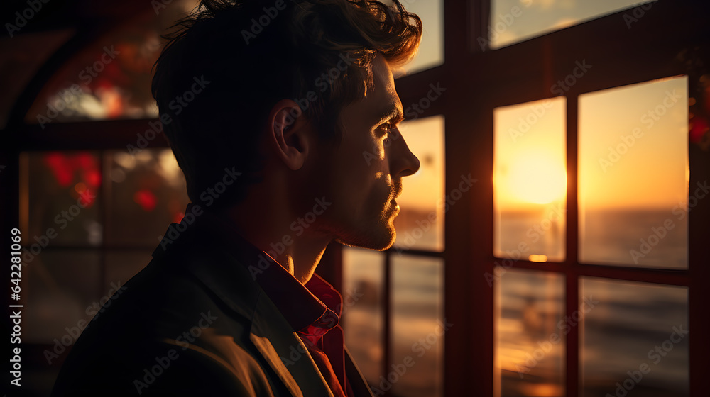 arafed man looking out a window at the sunset Generative AI arafed man looking out a window at the sunset Generative AI