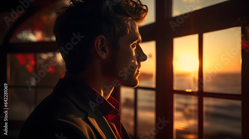 arafed man looking out a window at the sunset Generative AI