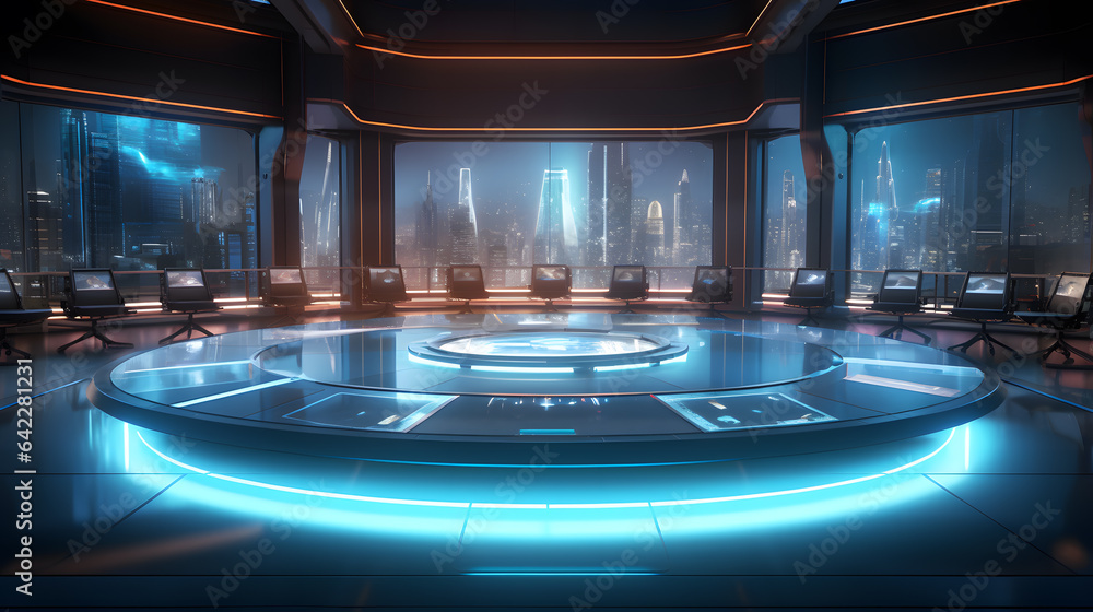 arafed room with a circular table and chairs and a city view Generative AI arafed room with a circular table and chairs and a city view Generative AI
