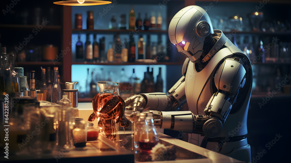 Obraz premium there is a robot that is standing at a bar preparing food Generative AI