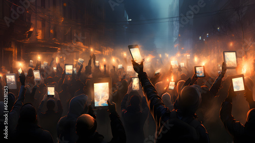 people holding up their cell phones in the air in a crowd Generative AI