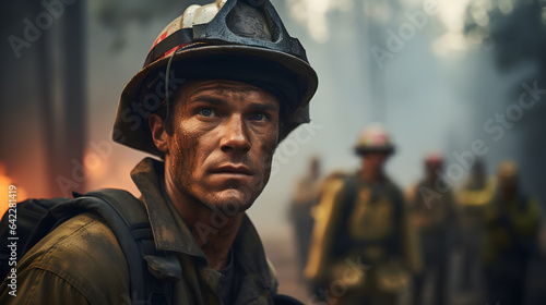 firefighters in uniform standing in front of a fire with flames in the background Generative AI