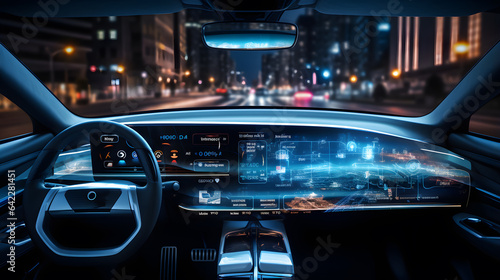 a close up of a car dashboard with a view of a city at night Generative AI