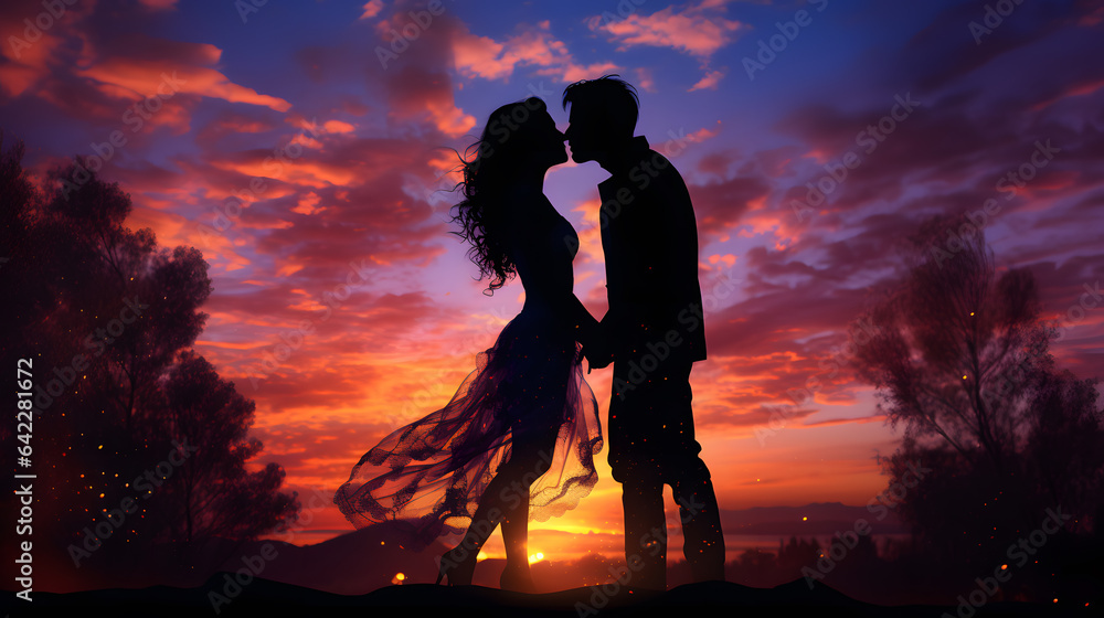 silhouette of a couple kissing in front of a sunset Generative AI Stock ...