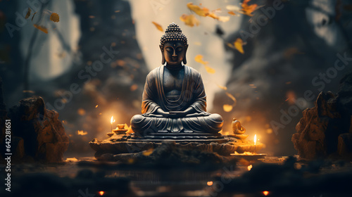 there is a statue of buddha sitting on a rock with candles Generative AI
