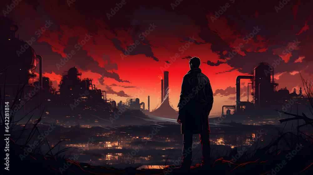 anime - style illustration of a man standing in front of a city at night Generative AI