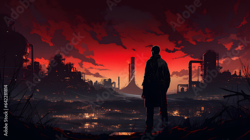 anime - style illustration of a man standing in front of a city at night Generative AI © Bipul Kumar