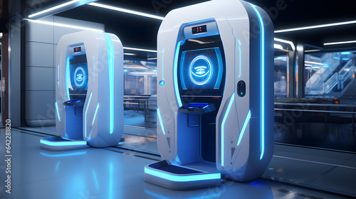 there are three blue and white machines in a subway station Generative AI