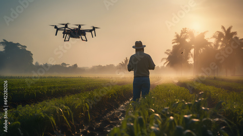 arafed farmer in a field with a drone hovering over his head Generative AI