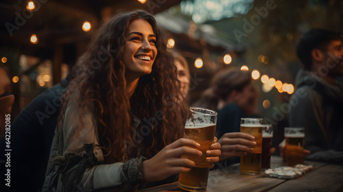 there is a woman sitting at a table with a glass of beer Generative AI