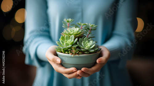 someone holding a small pot with a plant in it Generative AI