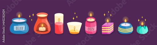 Lighted Candles Cartoon Collection. Comfort Theme, Home Design, Aromatherapy and Romance Elements. Aroma Candle Colorful Drawn Vector Set.