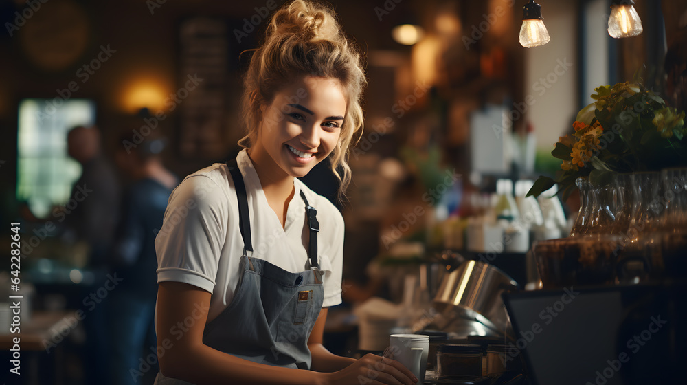 smiling woman in apron working at a restaurant with a laptop Generative AI
