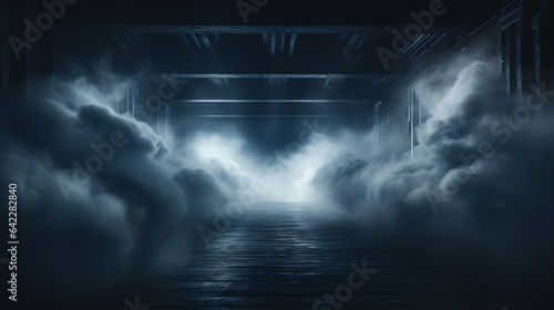 a dimly lit hallway with a lot of clouds in the middle Generative AI