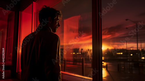 arafed man looking out a window at a sunset Generative AI