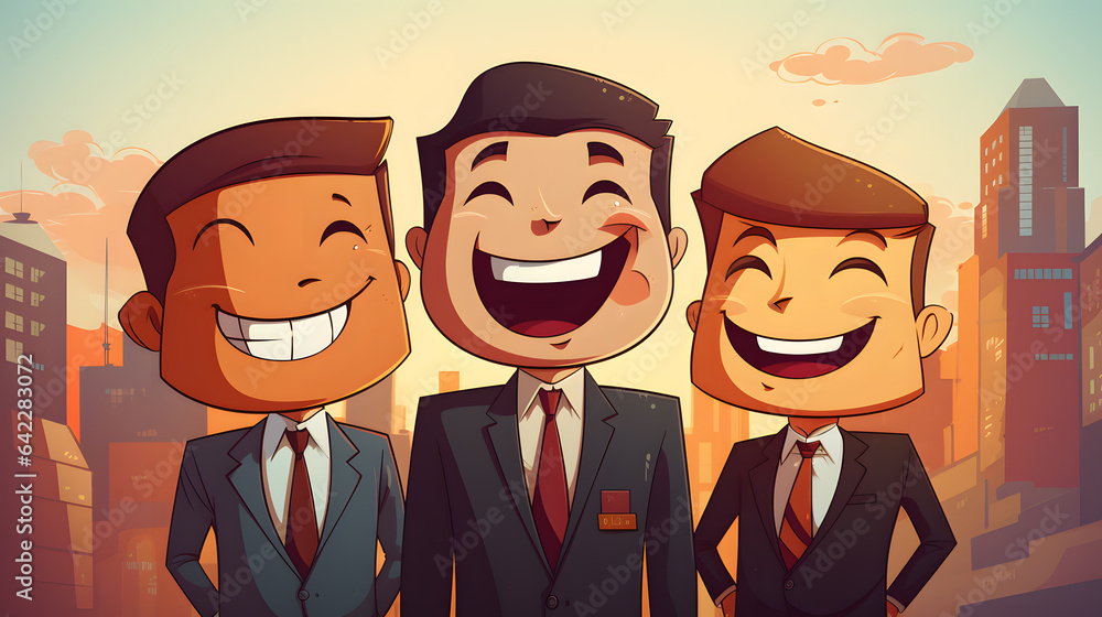 cartoon illustration of three men in suits smiling in a city Generative AI cartoon illustration of three men in suits smiling in a city Generative AI
