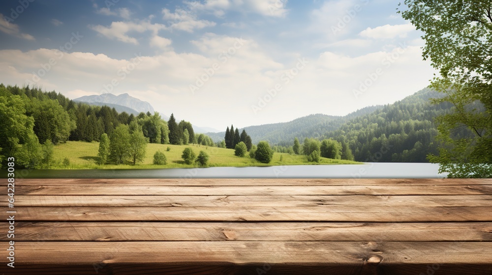 landscape with lake and mountains on wood table background landscape with lake and mountains on wood table background