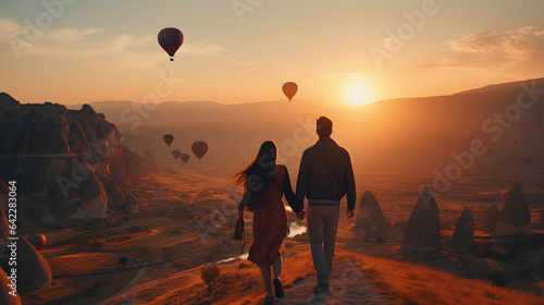 they are walking on a path with hot air balloons in the sky Generative AI
