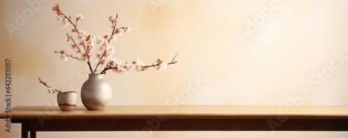 Empty wooden table for product display showcase stage with spring cherry blossom background
