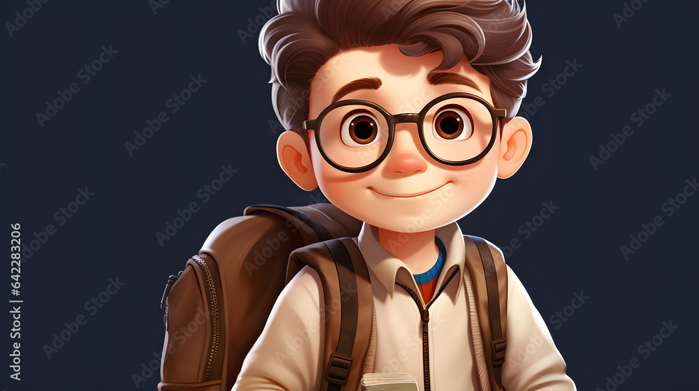 cartoon boy with glasses and backpack holding a cell phone Generative AI