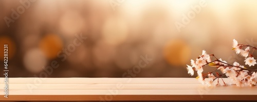 Empty wooden table for product display showcase stage with spring cherry blossom background