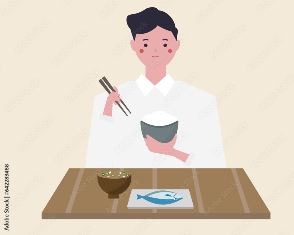 食事をする男性。朝食、食べる、箸、ごはん。ベクター