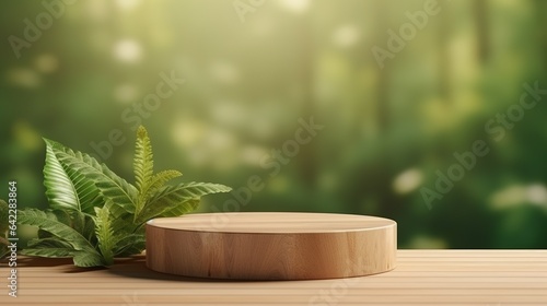 empty wooden table with green plant background © INK ART BACKGROUND