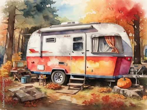 camping trailer carrying pumpkins watercolor  high detailed  textured  high colorful  saturated  high quality  