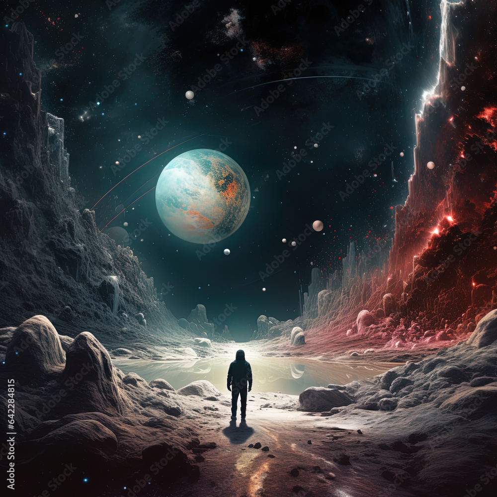 Science fiction universe exploration illustration for banner, poster, cover or presentation