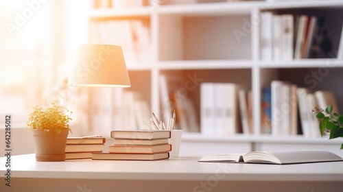 Wallpaper Mural A modern living room interior with a lamp on the table, featuring wooden furniture and a bookshelf Torontodigital.ca