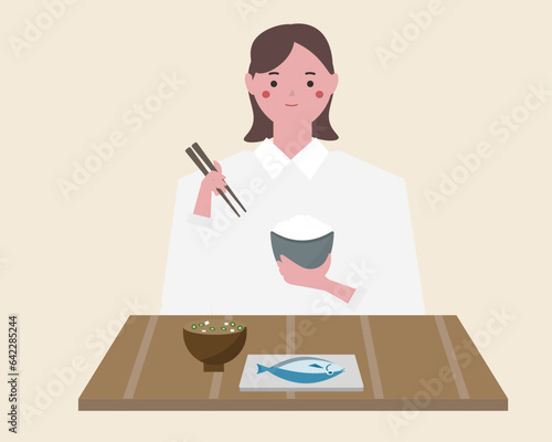食事をする女性。朝食、食べる、箸、ごはん。ベクター