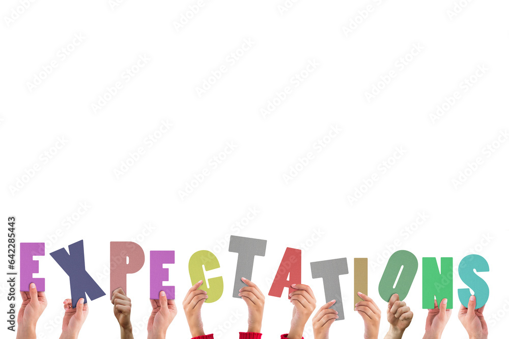 Digital png illustration of hands holding expectations text on transparent background Digital png illustration of hands holding expectations text on transparent background