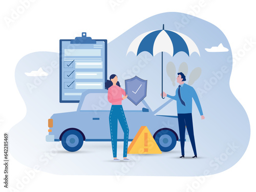Car insurance banner template with agent holding an umbrella, flat vector illustration isolated on white background. Banner or poster for transport assurance agency. vector illustration.