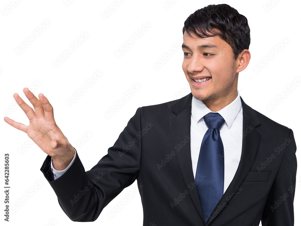 Digital png photo of smiling asian businessman reaching out with hand on transparent background Digital png photo of smiling asian businessman reaching out with hand on transparent background