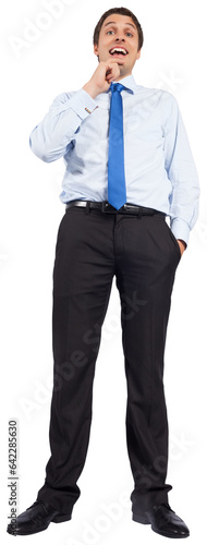 Digital png photo of smiling caucasian businessman with finger on chin on transparent background